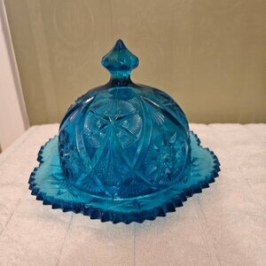 Kemple Yutec Blue Star Pressed Glass Butter Dish Vintage Lidded Server